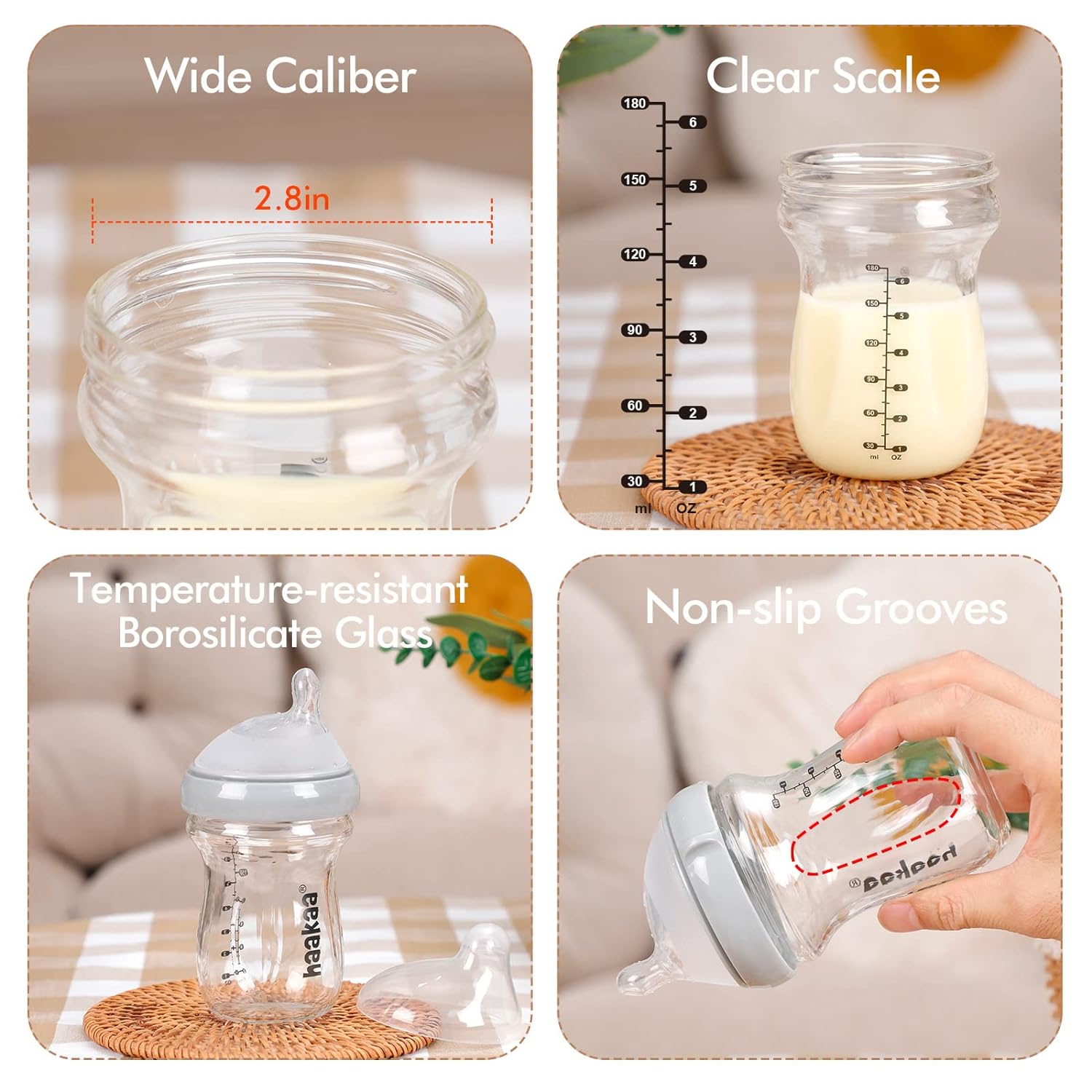 haakaa Manual Breast Pump 4oz/100ml and Glass Baby Bottle 6.3oz/180ml with Anti-Colic Body for Baby Feeding (Variable Flow Nipple, 6m+, Grey) : Baby