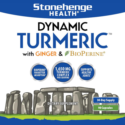 Stonehenge Health Dynamic Turmeric Curcumin With Ginger - High Potency - 1,650 Mg Turmeric With 95% Curcuminoids & Bioperine, Supports Joint Pain & Inflammation, 90 Vegetarian Capsules
