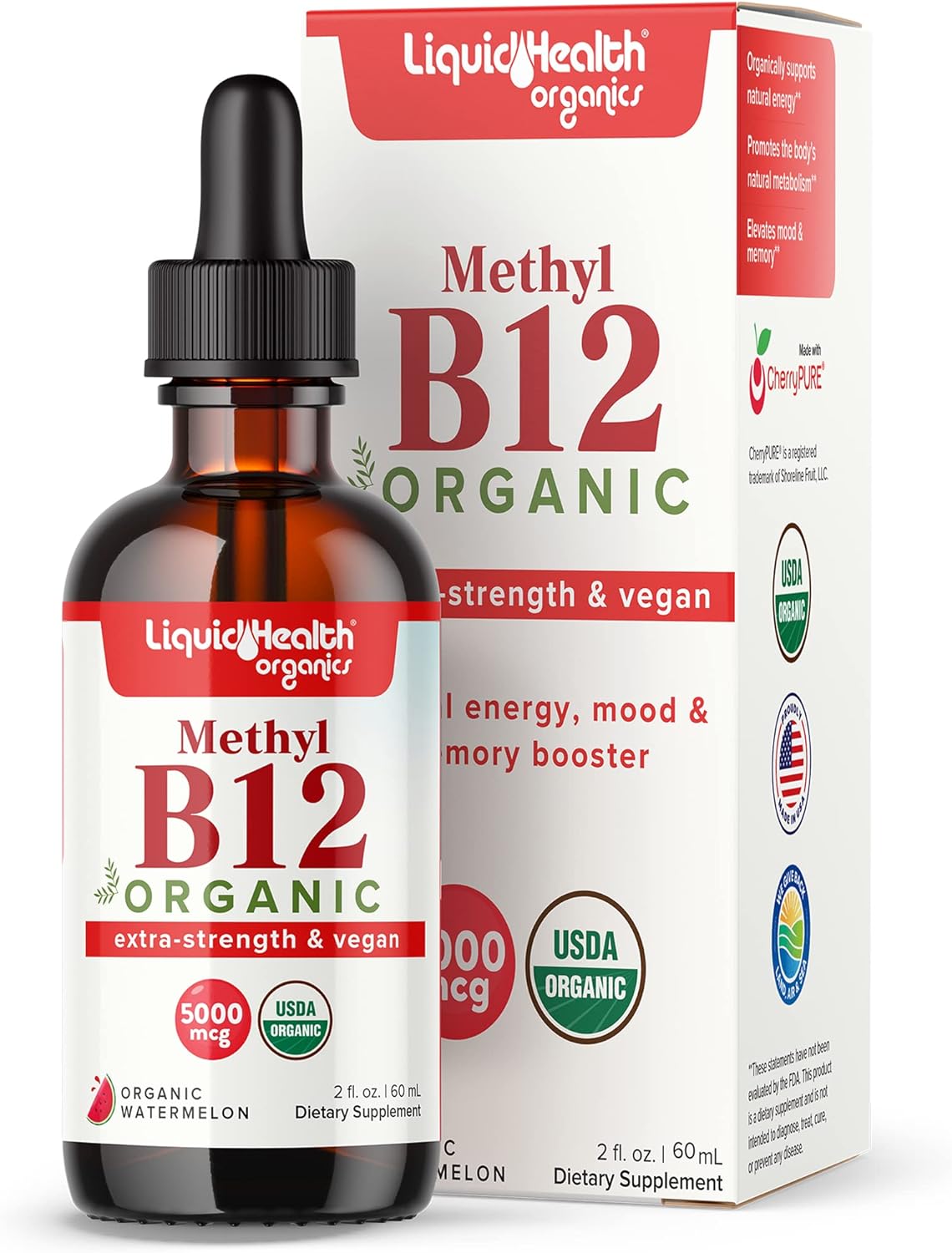 LIQUIDHEALTH Methyl Vitamin B12 Organic Liquid Pure Drops, Methylcobalamin Energy Boost, Focus Improve Memory, Natural Metabolism Vegan Safe Sublingual Hydroxocobalamin