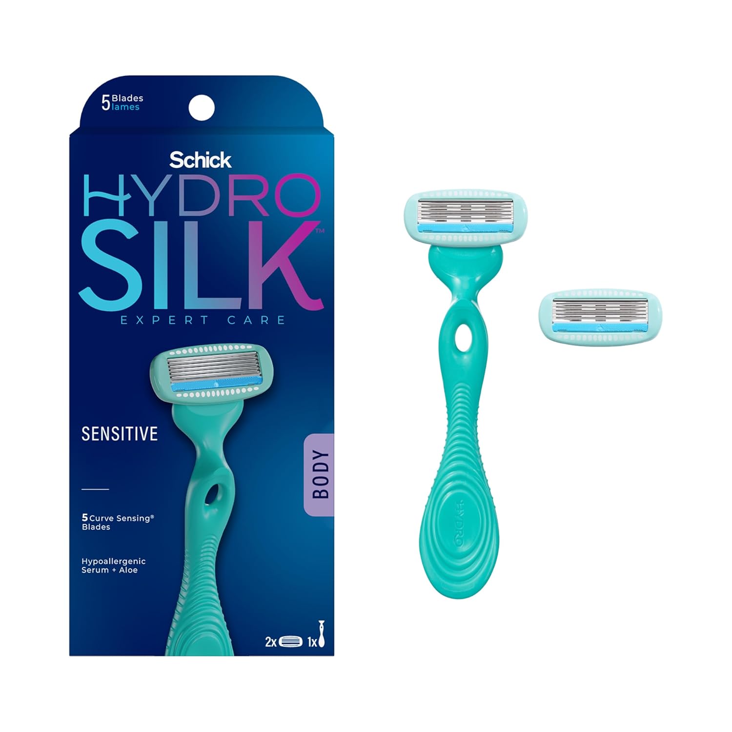 Schick Hydro Silk Sensitive Women'S Razor | 5-Blade Razors For Women Sensitive Skin | Womens Razors Sensitive Skin | 1 Handle & 2 Razor Blade Refills