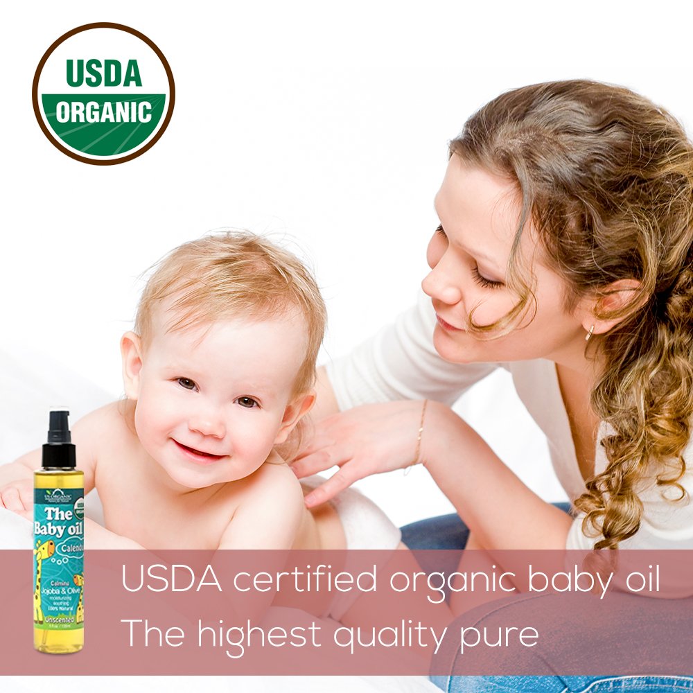 US Organic Baby Oil with Calendula, Jojoba and Olive Oil with Vitamin E, USDA Certified Organic, No Alcohol, Paraben, Artificial Detergents, Color, Synthetic Perfumes, 5 fl. Oz (Pure Unscented) : Baby