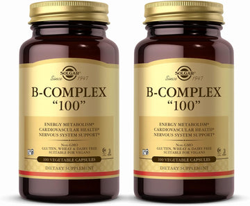 Solgar B-Complex"100", 100 Vegetable Capsules - Pack of 2 - Heart Health - Nervous System Support - Supports Energy Metabolism - Non-GMO, Vegan, Gluten Free, Dairy Free, Kosher, Halal - 200 Servings