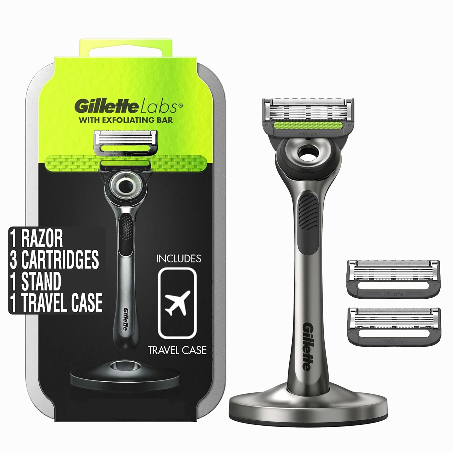 Gillette Labs With Exfoliating Bar By Gillette Mens Razor And Travel Case, Shaving Kit For Men, Storage On The Go, Includes Travel Case, 1 Handle, 3 Razor Blade Refills, And Premium Magnetic Stand