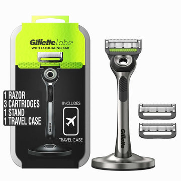 Gillette Labs With Exfoliating Bar By Gillette Mens Razor And Travel Case, Shaving Kit For Men, Storage On The Go, Includes Travel Case, 1 Handle, 3 Razor Blade Refills, And Premium Magnetic Stand