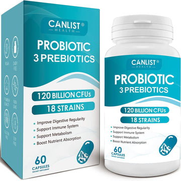 CANLIST Probiotics 120 Billion CFUs 18 Strains, 3 Prebiotics & Digestive Enzymes for Men Women,Digestive & Immune Support,Shelf Stable Non-GMO 60 Vegetarian Capsules