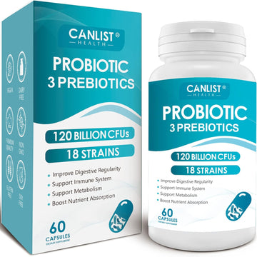 Probiotics 120 Billion Cfus 18 Strains, 3 Prebiotics & Digestive Enzymes For Men Women,Digestive & Immune Support,Shelf Stable Non-Gmo 60 Capsules