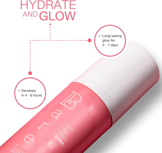 Bare By Vogue Self Tanning Foam For Face & Body - Lightweight, Streak-Free Application - Natural-Looking Tan Enriched With Skin-Nourishing Ingredients - Ideal For All Skin Types, 150Ml (Dark)