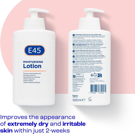 E45 Moisturising Lotion 500 ml - Dermatological Body Moisturiser Lotion - Body Lotion - Daily Moisturiser for Dry Skin & Sensitive Skin – Long-Lasting Hydration Protect from Dryness, Reduce Redness