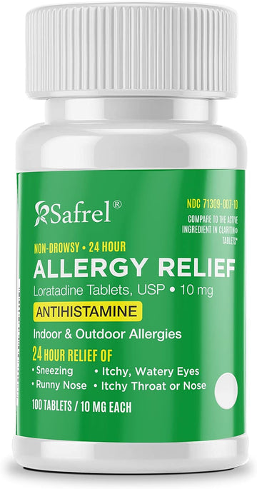 Safrel Loratadine 10mg Tablets | Non-Drowsy 24 Hour Allergy Relief Medicine | Antihistamine Support for Runny Nose, Sneezing, Itchy, Watery Eyes (100 Count (Pack of 1))