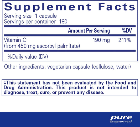 Pure Encapsulations Ascorbyl Palmitate | Vitamin C Supplement to Support Iron Absorption and a Healthy Immune System* | 180 Capsules