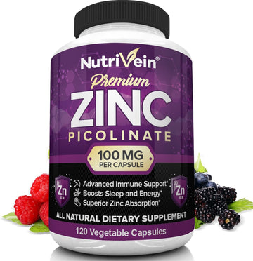 Nutrivein Premium Zinc Picolinate 100mg - 120 Capsules - Immunity Defense Boosts Immune System & Cellular Regeneration - Maximum Strength Bioavailable Supplement - Essential Elements for Absorption