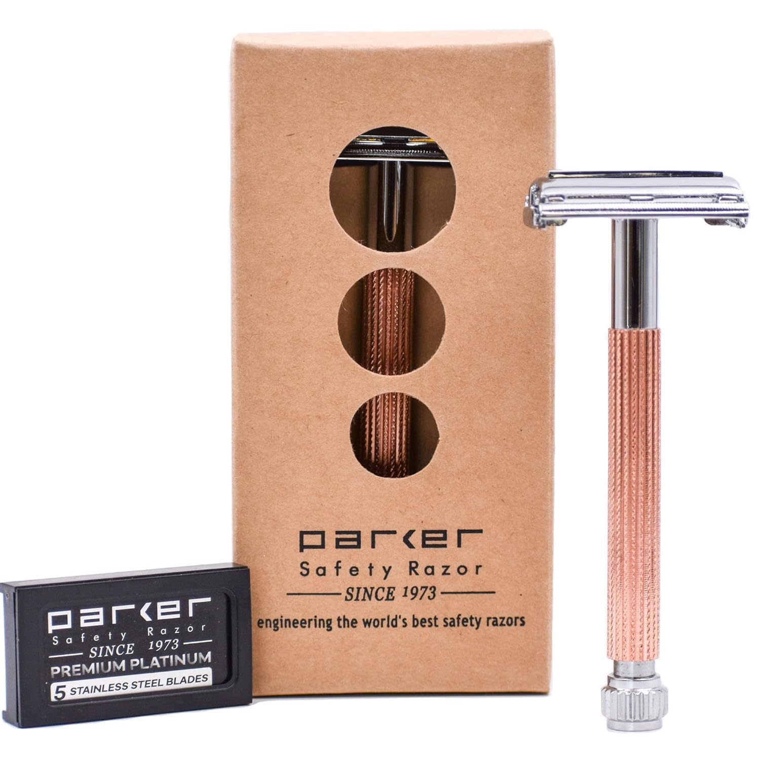 Parker 29L Pink, Long Handle Butterfly Open Double Edge Safety Razor For Women, 5 Parker Premium Platinum Double Edge Razor Blades Included
