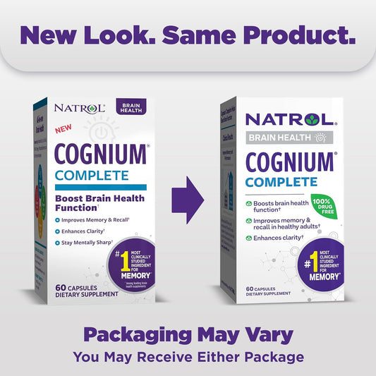 Natrol Cognium Complete, Dietary Supplement for Brain Health, Brain Health Supplements for Adults, 60 Capsules, 30 Day Supply