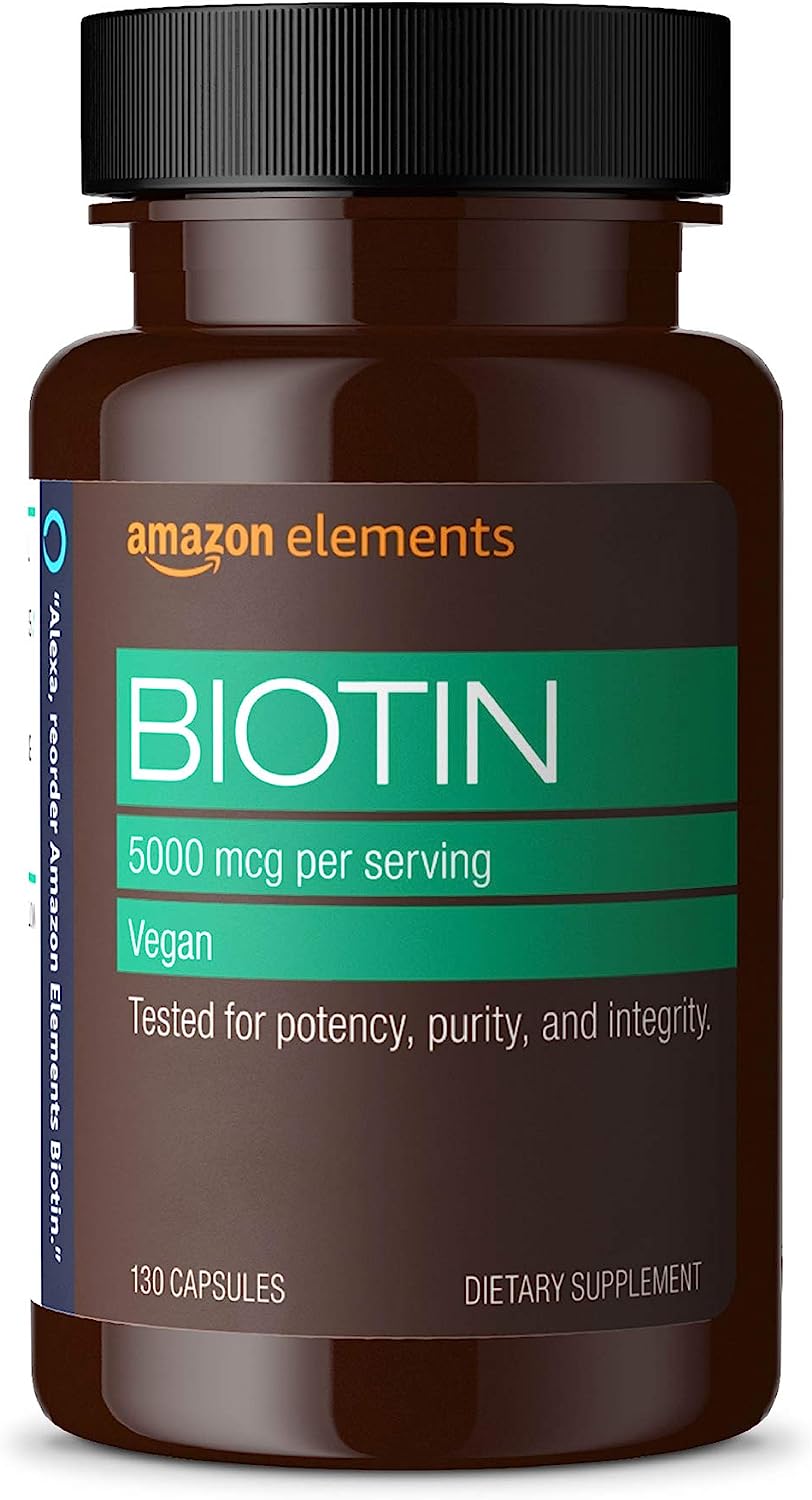 Amazon Elements Vegan Biotin 5000 mcg - Hair, Skin, Nails, 130 Capsules (4 month supply) (Packaging may vary)