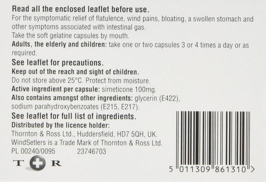 Windsetlers, Treats Flatulence, Trapped Wind & Bloating, Relieves Pain & Discomfort Of Trapped Wind, Contains Simeticone, Treats Flatulence, 24 Gel Caps (Always Read Label First)
