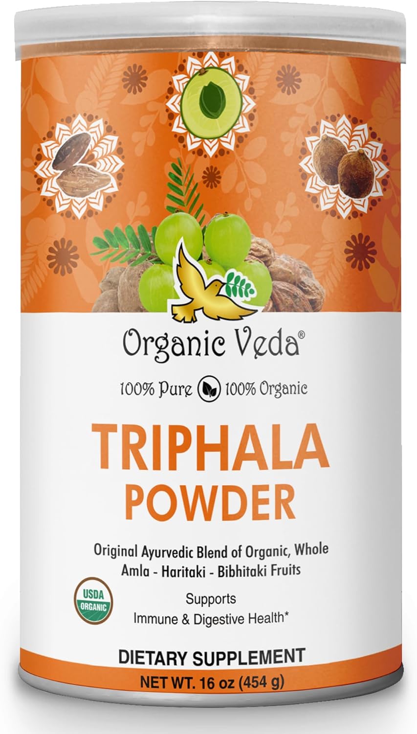 Organic Veda Triphala Powder with Amla, Haritaki, Bibhitaki Fruits - 100% Natural Ayurvedic Triphala Powder - Improves Immune Support, Digestion, Colon Cleanse, Skin Health - Vegan, Non-GMO - 16oz