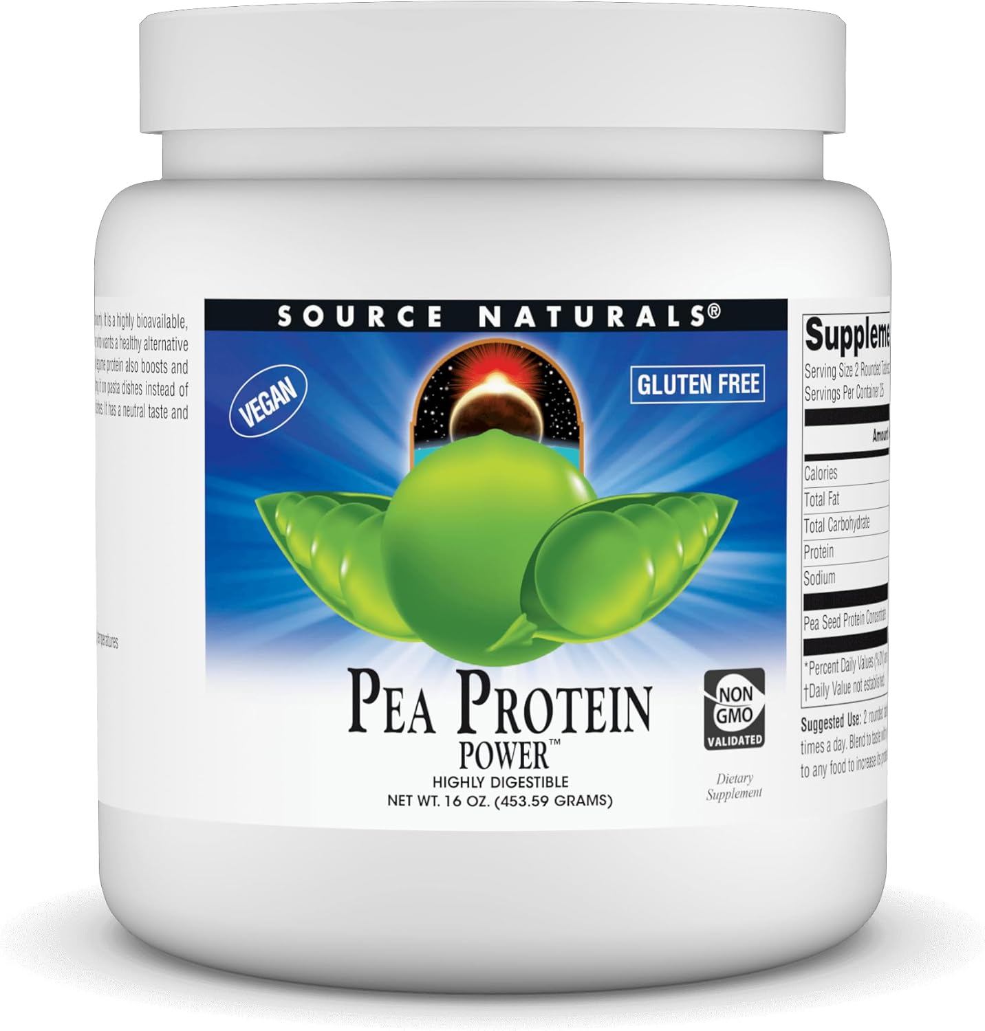 Source Naturals Pea Protein Power Plant-Based Protein Powder - Easy To Digest, Bioavailable, Non-Dairy, Vegan, Non-Gmo, Gluten Free, Sugar Free, Unflavored* - 16Oz