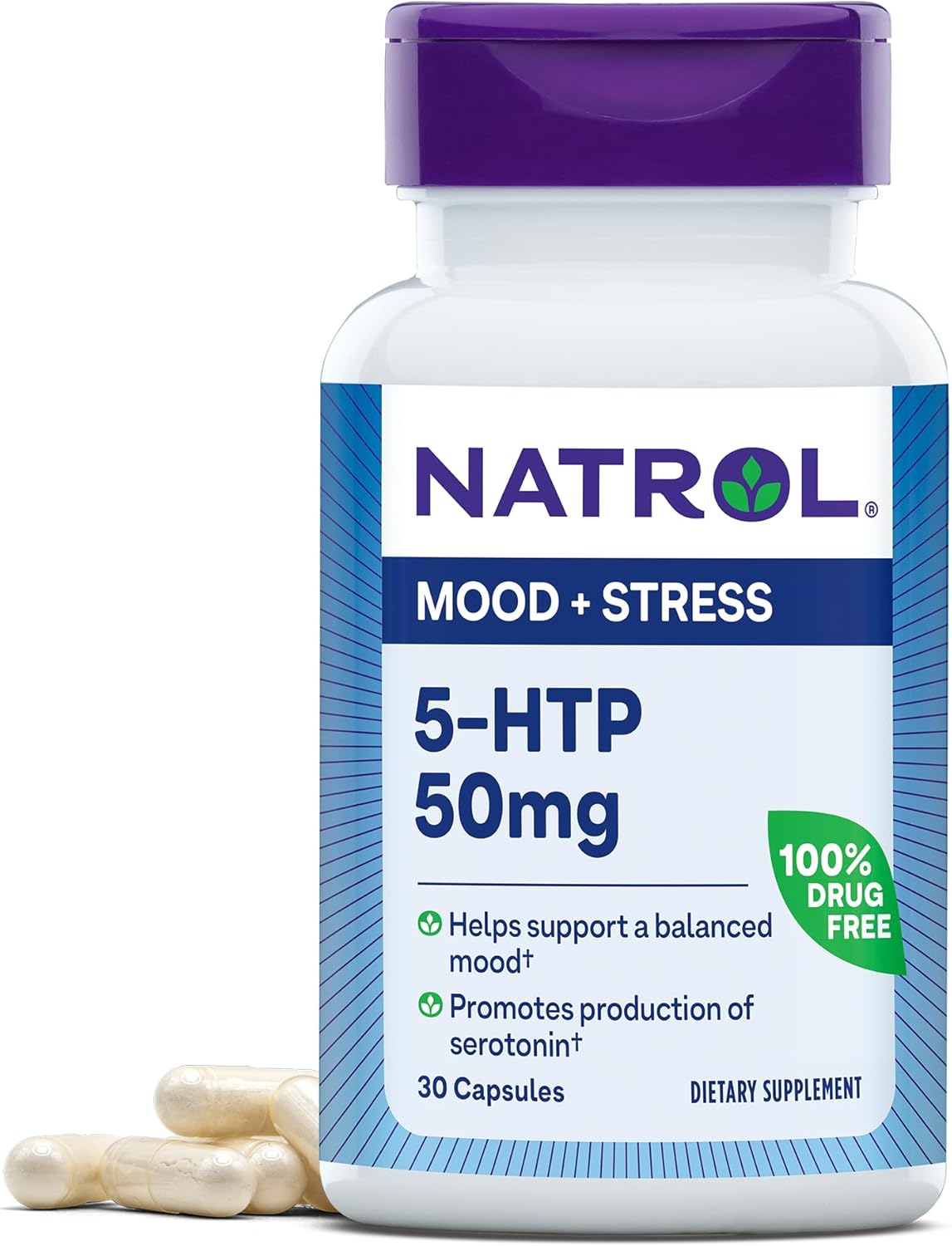 Natrol Mood & Stress 5-HTP 50mg, Dietary Supplement Helps Support a Balanced Mood, 30 Capsules, 7-30 Day Supply