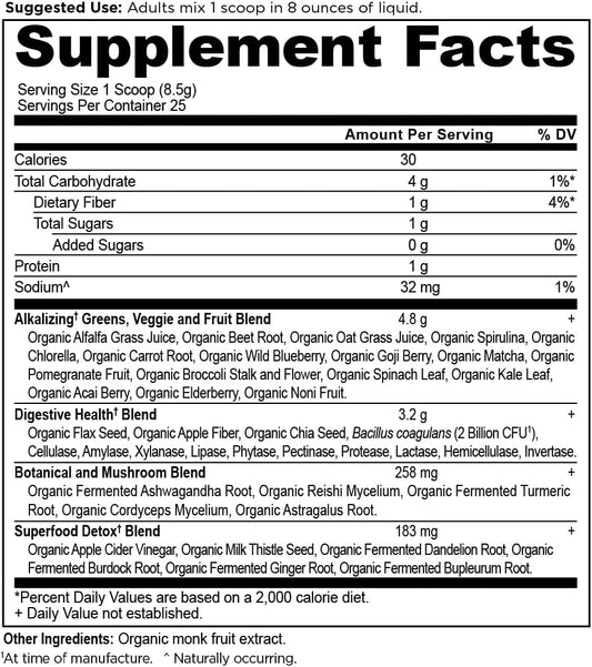 Supergreens Alkalize & Detox Powder By Ancient Nutrition, Organic Superfood Powder Made From Real Fruits, Vegetables And Herbs, For Digestive And Energy Support, 25 Servings, 7.5Oz