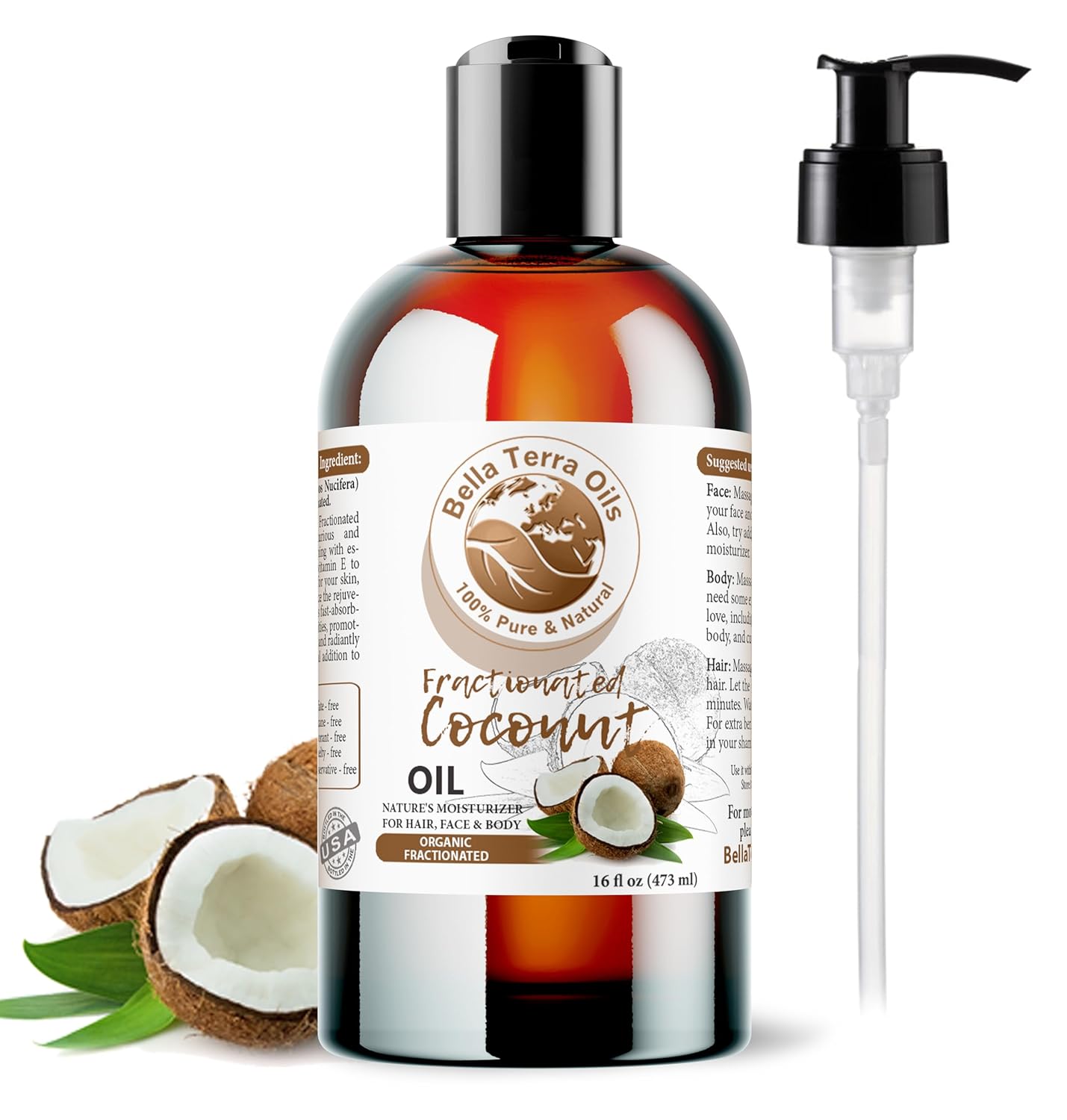 Bella Terra Oils - Liquid Organic Fractionated Coconut Oil 16Oz - The Ideal Mix Of Mcts & Fatty Acids, A Lustrous Elixir For Daily Skin Care