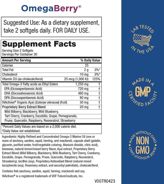 Purity Products OmegaBerry Fish Oil with Vitamin D3 and Organic Acai - 1250mg Concentrated Molecularly Distilled Ultra Pure Omega-3 Fish Oil, 500mg DHA + 650mg EPA - 60 Soft Gels - 30 Day Supply from