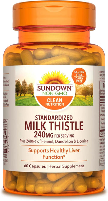 Sundown Milk Thistle, Supports Healthy Liver Function, 80% Silymarin, Non-GMO,, Free of Gluten, Dairy, Artificial avors, 240 mg, 60 Capsules