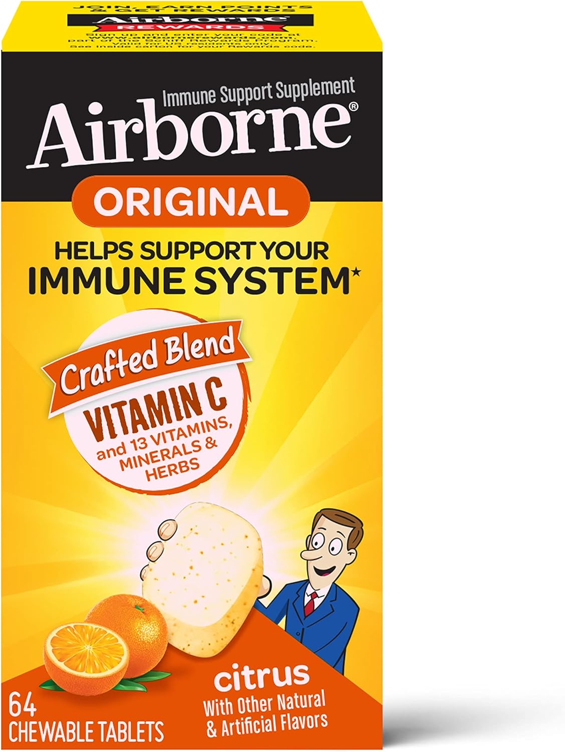 Airborne 1000Mg Vitamin C Chewable Tablets With Zinc, Immune Support Supplement With Powerful Antioxidants Vitamins A C & E - 64 Chewable Tablets, Citrus Flavor