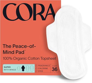 Cora Organic Pads | Ultra Thin Period Pads with Wings | Super Absorbency | Ultra-Absorbent Sanitary Pads for Women | 100% Organic Cotton Topsheet (36 Count)