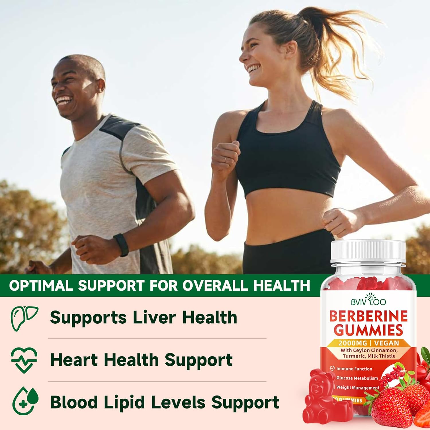 Bvivloo Berberine Gummies,Sugar Free 2000Mg High Potency Berberine Hci Supplement, Plus Ceylon Cinnamon, Milk Thistle For Women & Men, Immune System & Metabolism Support - 60 Gummies