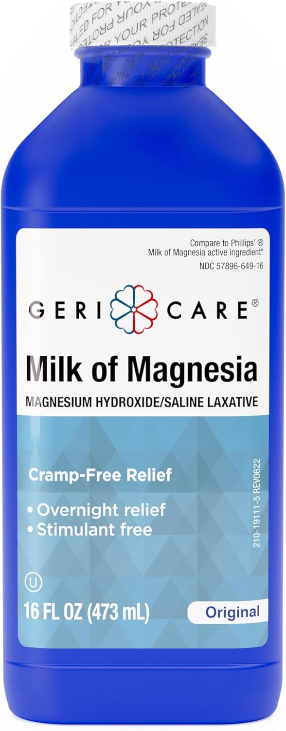 Gericare Milk Of Magnesia, Magnesium Hydroxide 1200Mg| Fast Overnight Constipation Relief| Cramp-Free Saline Laxative & Stool Softener| Antacid For Heartburn & Indigestion| Original Flavor| 16 Fl Oz
