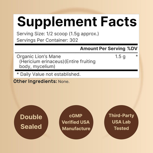 Naturebell Organic Lions Mane Powder 1,500Mg Per Serving, 1Lb | Whole Fruiting Body & Mycelium Mushroom Source – Focus, Memory, & Immune Health Supplement – Non-Gmo, Vegan