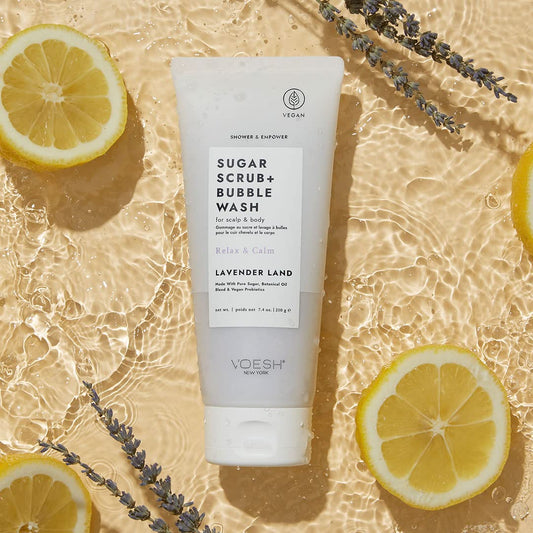 Voesh Sugar Scrub + Bubble Wash, Exfoliating Body Scrub & Body Wash, Lavender Land 2 Pack, Scalp Scrub, Scalp Care, Shower Sugar Scrub, Vegan Body Care