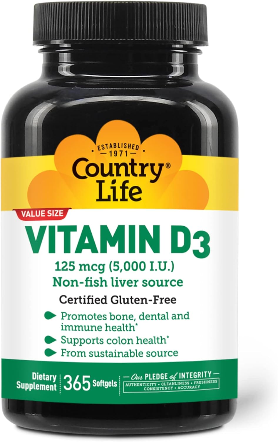 Country Life Vitamin D3, Non-Fish 5000 Iu, 365 Softgels, Certified Gluten Free