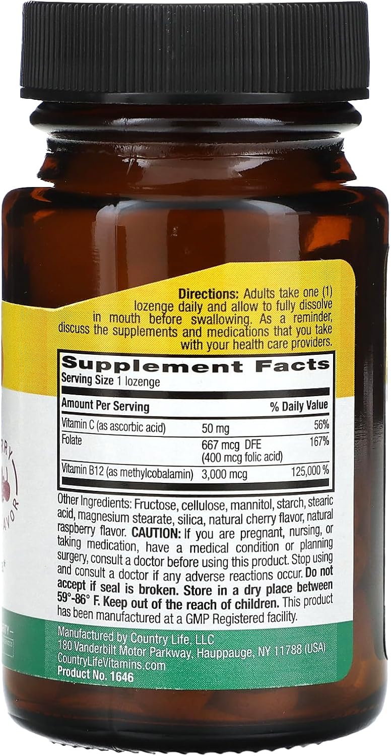 Country Life - Superior B-12, Berry Flavored, 3000 Mcg - 50 Sublingual Lozenges : Health & Household