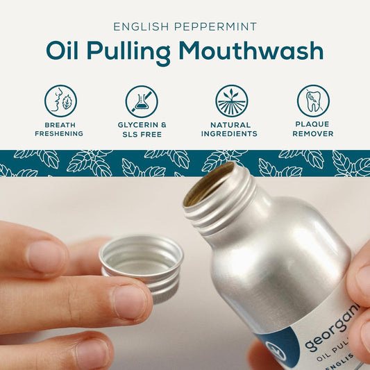 Georganics Whitening Oil Pulling Mouthwash - Peppermint - Plaque-Reducing Coconut Oil Blend - 100% Natural Ingredients - Sls, Glycerine & Fluoride Free - Cosmos Organic, Vegan, Cruelty-Free - 275Ml