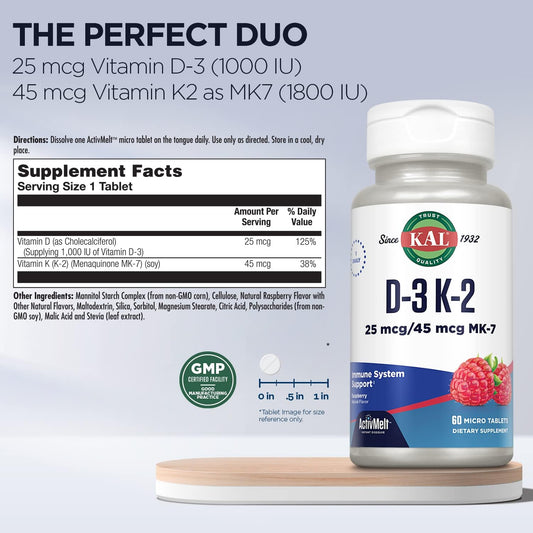 Kal 1000 Iu D-3 & K2 Tablets, Raspberry, 60 Count (Pack Of 1)