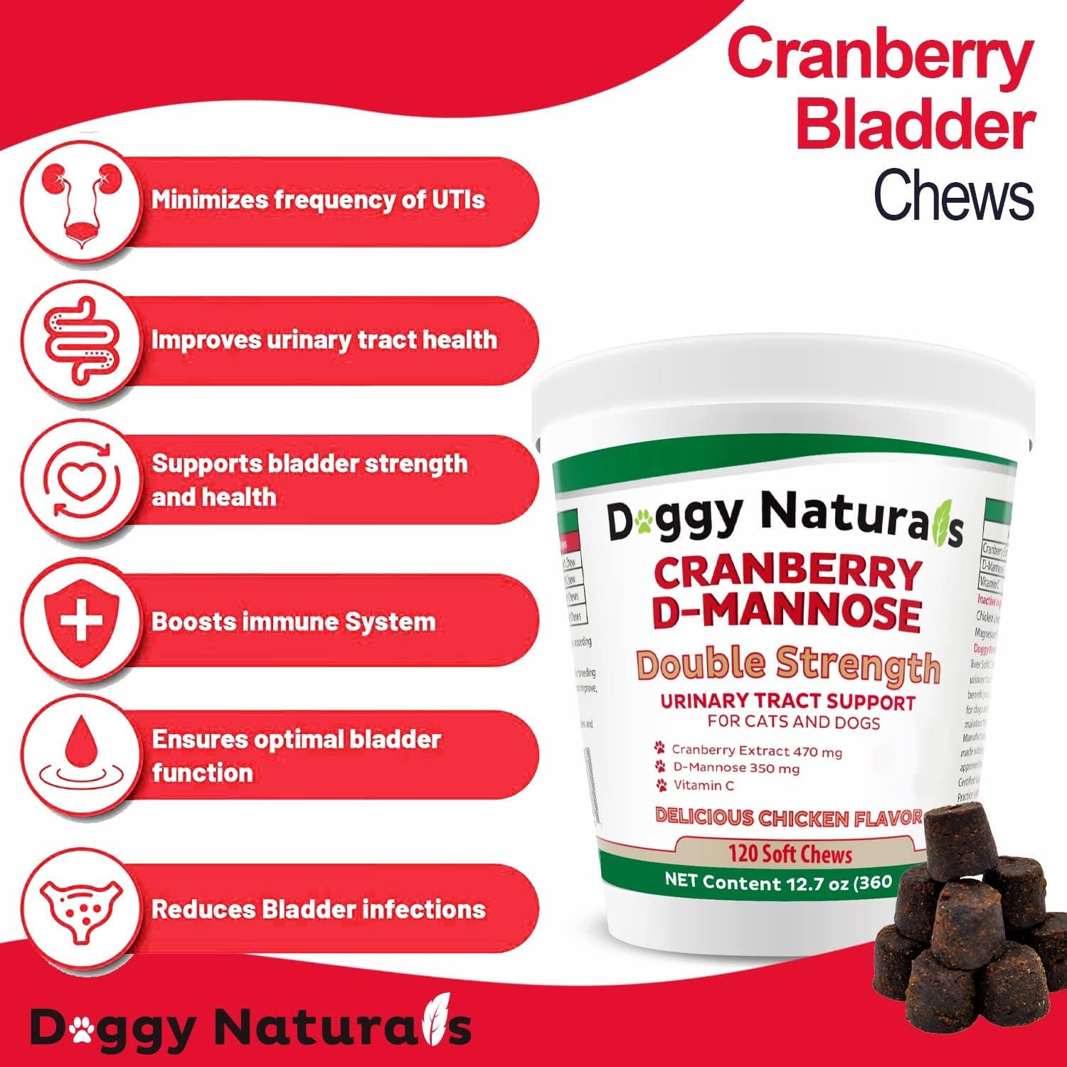Cranberry D-Mannose for Dogs and Cats Urinary Tract Infection Support Prevents and Eliminates UTI, Bladder Infection Kidney Support, Antioxidant (Double Strength Soft Chew, 120 Soft Chew) : Pet Supplies