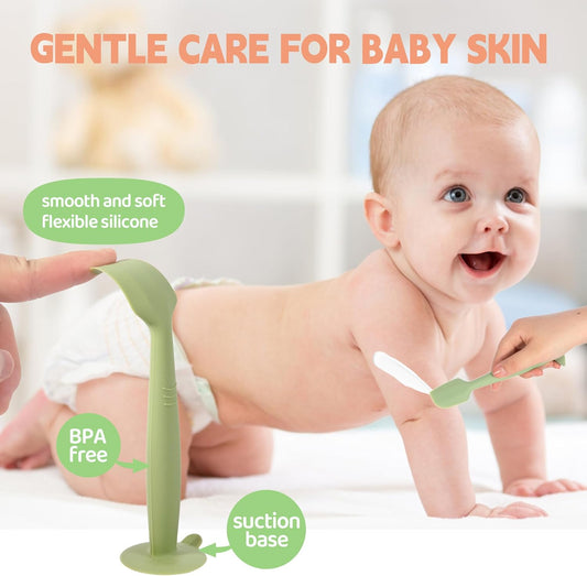 Baby Diaper Cream Spatula 3 Pack Diaper Spatula Soft Silicone Diaper Cream Applicator Baby Butt Paste Spatula Brush With Suction Base,Full Size(Gray+Off-White+Green)