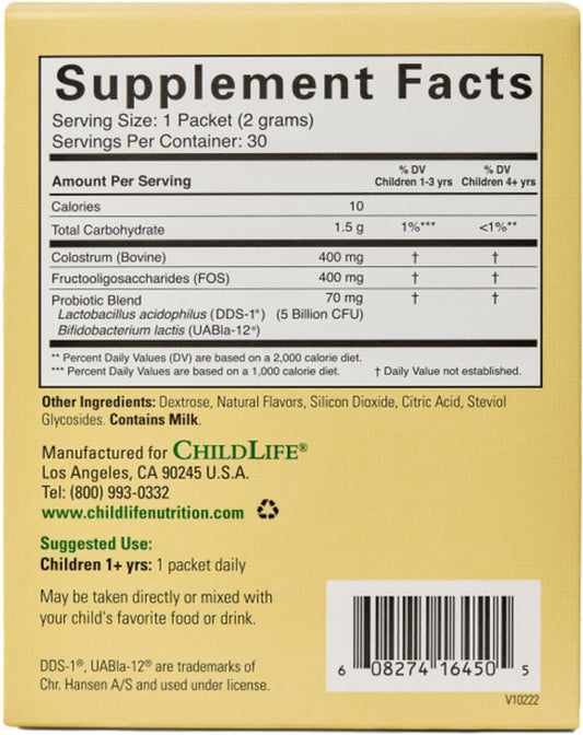 CHILDLIFE ESSENTIALS ChildBiotics Probiotics with Colostrum - Kids Probiotic Powder Packets, Immune & Digestive Support, All-Natural, Non-GMO, Gluten-Free - Tropical Orange Flavor, 30 Packets