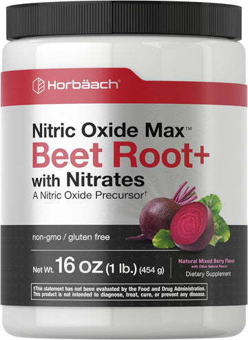 Horbäach Nitric Oxide Beet Root Powder | 16 oz (454g) | Mixed Berry Flavor | with Nitrates | Vegan, Non-GMO, and Gluten Free Supplement