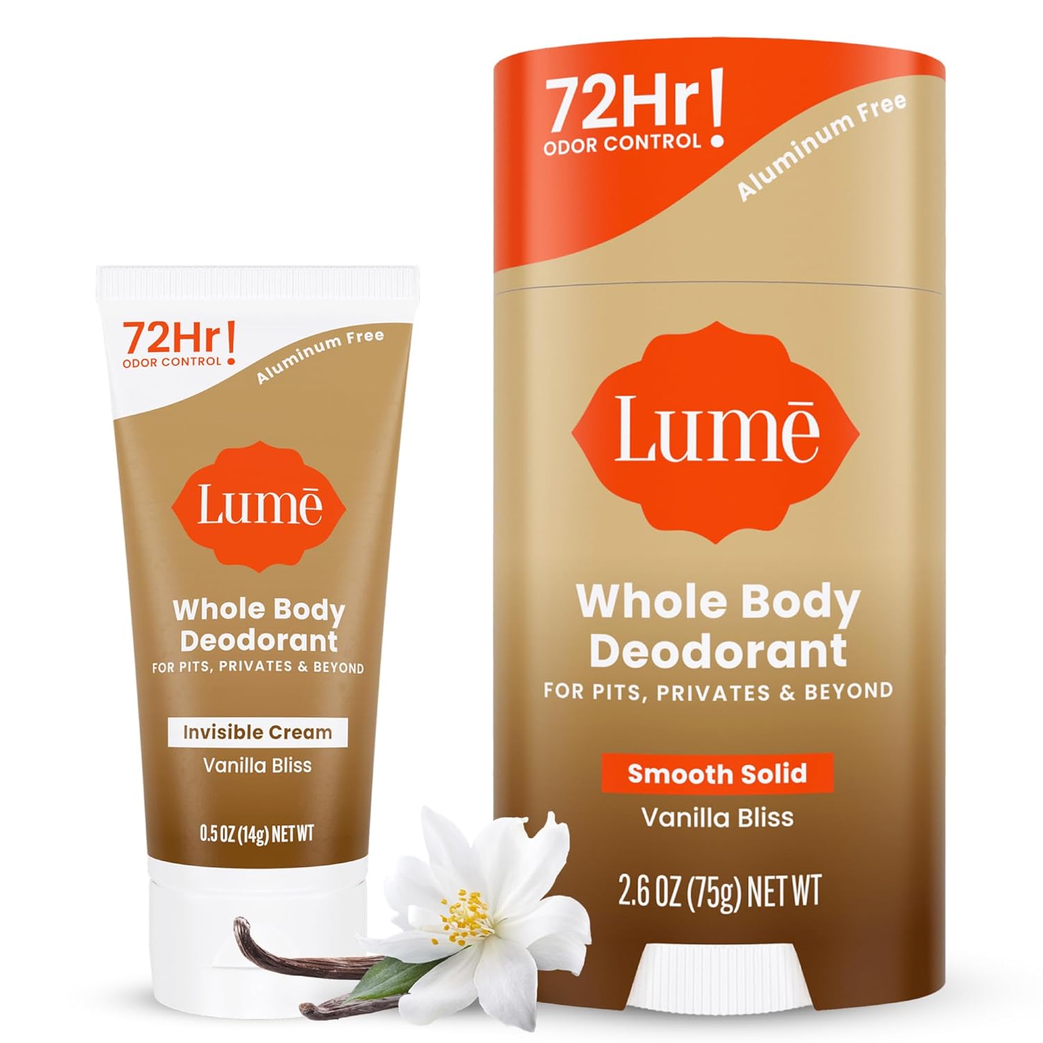 Lume Whole Body Deodorant - Invisible Cream Mini + Solid Stick Bundle - 72 Hour Odor Control - Aluminum & Baking Soda Free, Skin Loving - 0.5 Oz Mini Tube + 2.6 Oz Solid Stick (Vanilla Bliss)