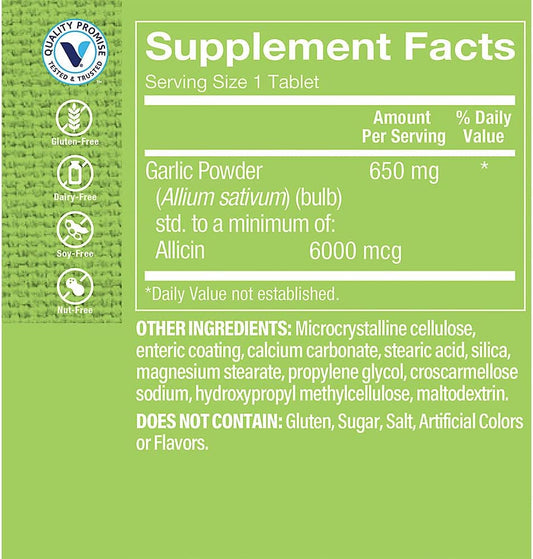 The Vitamin Shoppe Allicin 6000mcg Garlic, 650mg,Promotes Healthy Cholesterol and Overall Hearth Health, Take Once Daily (100 Tablets)