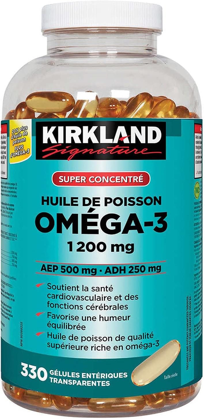 Kirkland Signature Super Concentrate Omega-3 Fish Oil 1200mg, EPA 500/DHA 250mg, 330 Clear enteric softgels