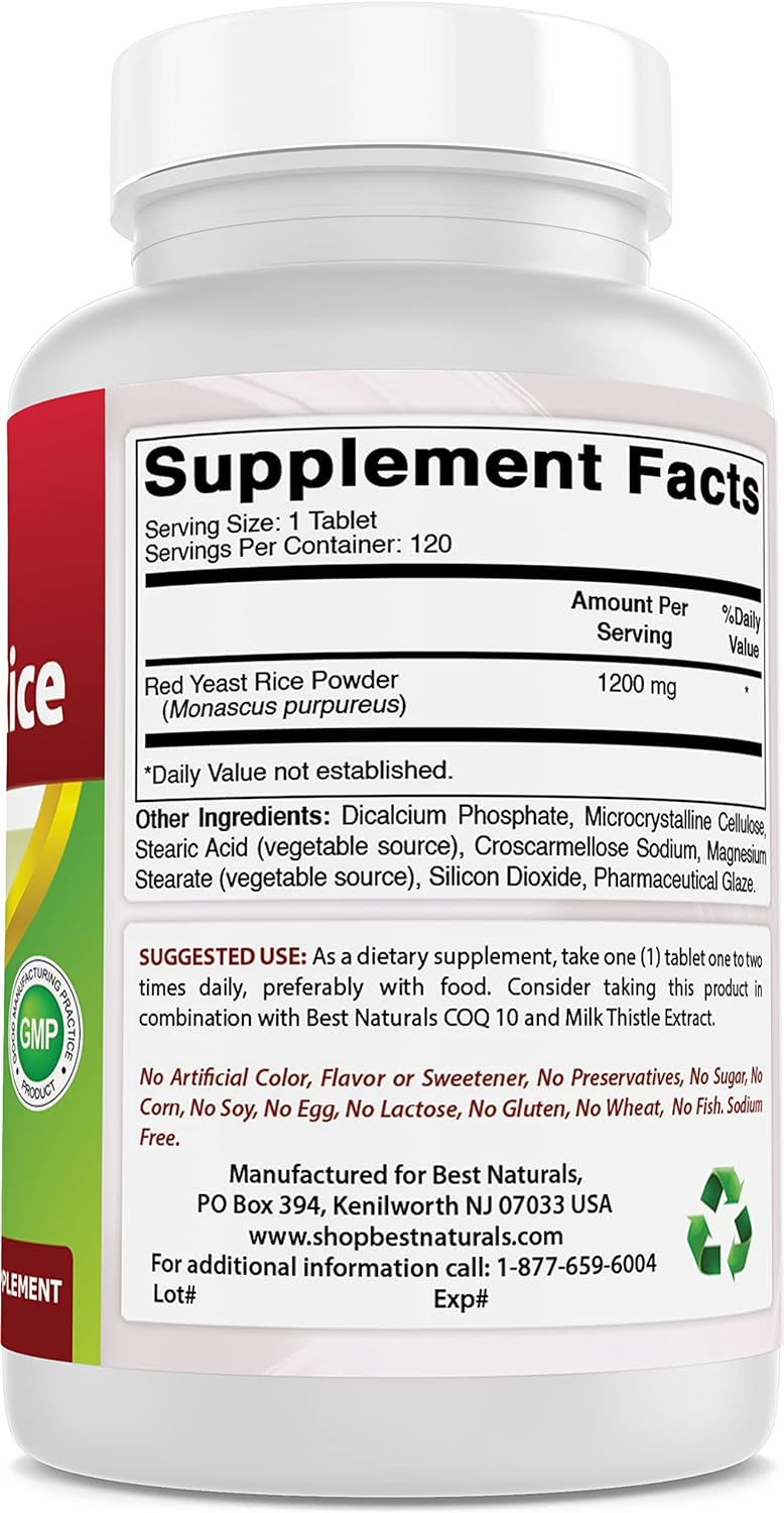 Best Naturals Red Yeast Rice Cholesterol Support 1200 mg (Non-GMO) 120 Tablets : Health & Household