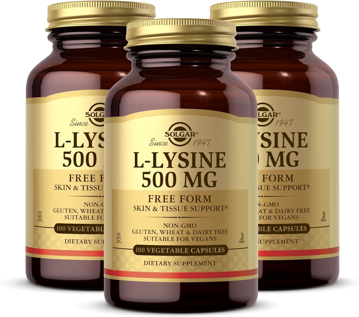 Solgar L-Lysine 500 Mg - 100 Vegetable Capsules, Pack Of 3 - Skin & Tissue Support - Non-Gmo, Vegan, Kosher, Gluten Free - 300 Total Servings