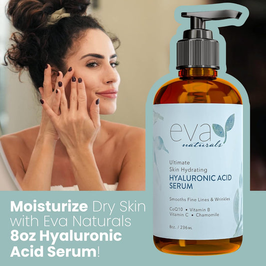 Eva Naturals Anti-Aging Hyaluronic Acid Serum For Face - Professional & Potent Hydrating Anti-Wrinkle Formula For Fine Line & Uneven Skin Tone - Contains Vitamin C, B, & E, Paraben Free (8 Oz)