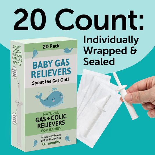 [20-Pack] Individually Wrapped & Sealed Gas and Colic Relievers for Gassy Babies Newborns and Infants - All-Natural, BPA-Free, Latex-Free - Safe & Effective Gas Relievers for Colic Constipation & Gas