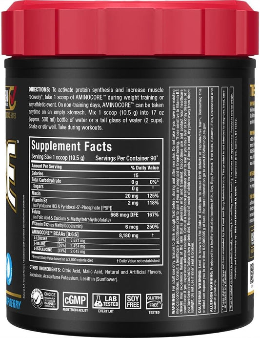 Allmax Aminocore Bcaa, Blue Raspberry - 945 G Powder - 8.18 Grams Of Bcaas Per Serving - With B Vitamins - No Fillers Or Non-Bcaa Aminos - Sugar Free - 90 Servings