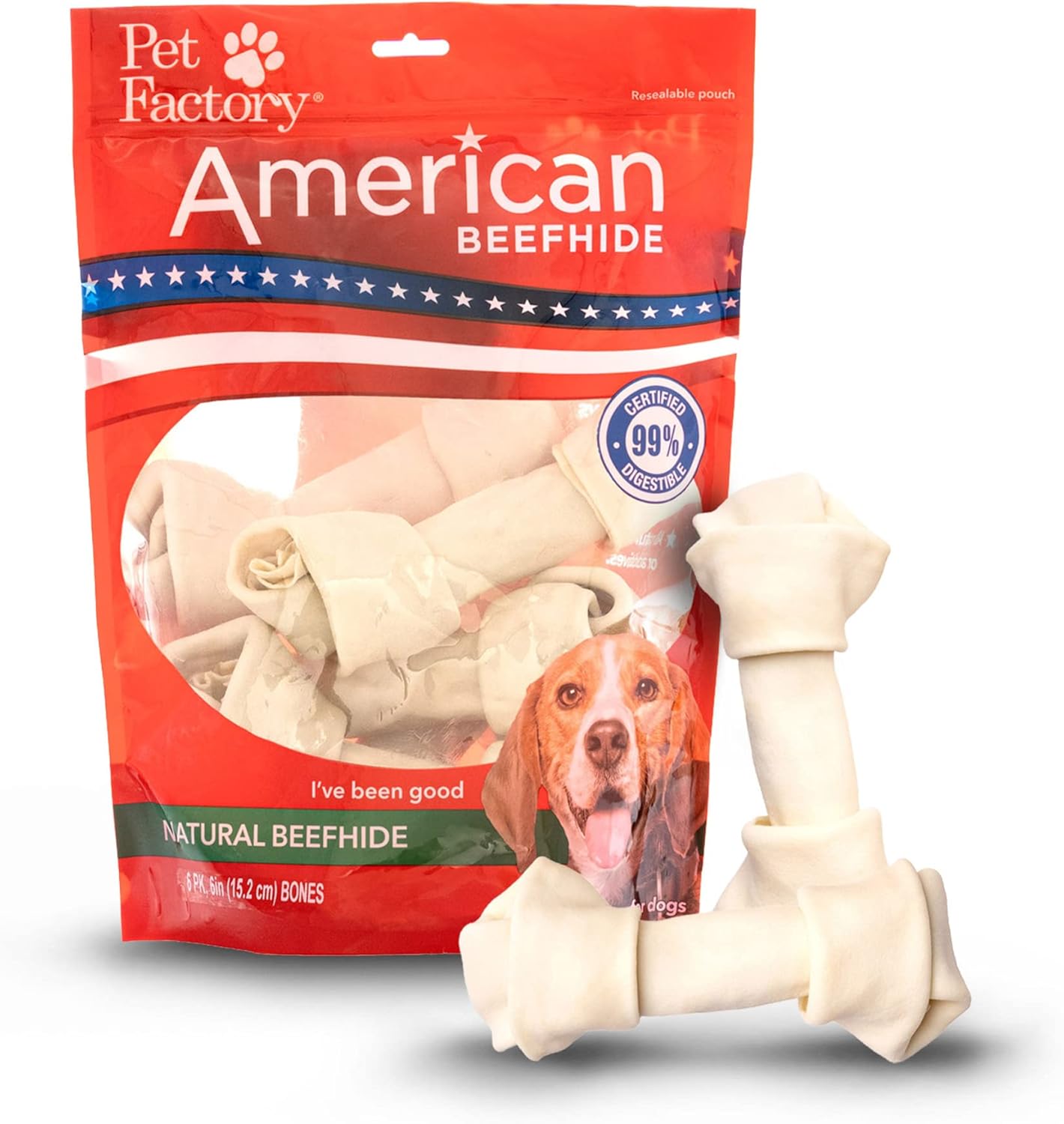Pet Factory American Beefhide 6-7" Knotted Bones Dog Chew Treats - Natural Flavor, 6 Count/1 Pack