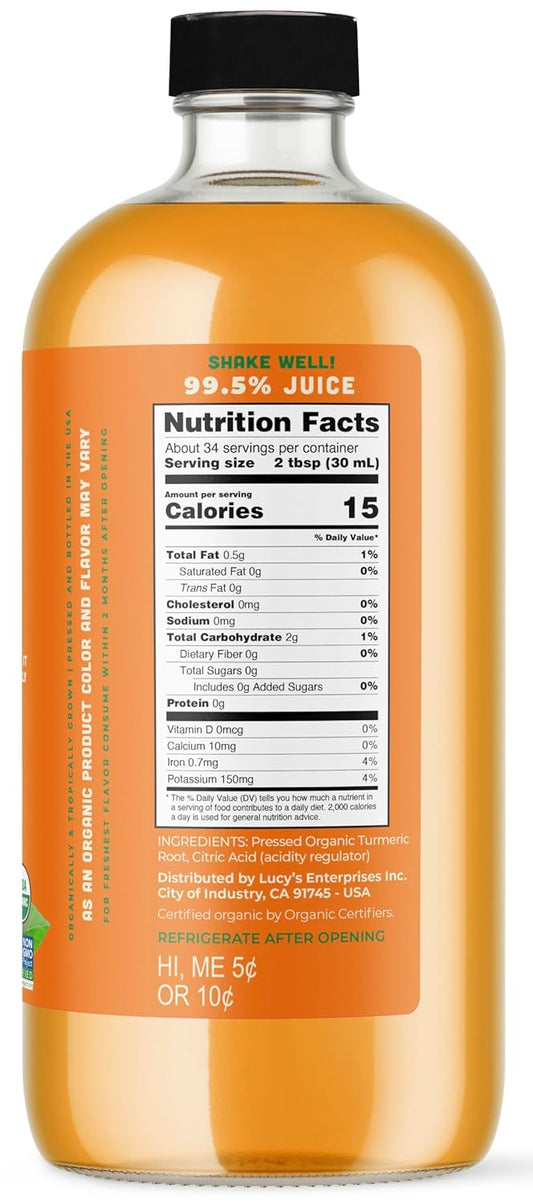 Lucy’S Family Owned - (Made From Fresh Pressed) Organic Nongmo 99% Pure Turmeric Juice, 34 Oz. Glass Bottle